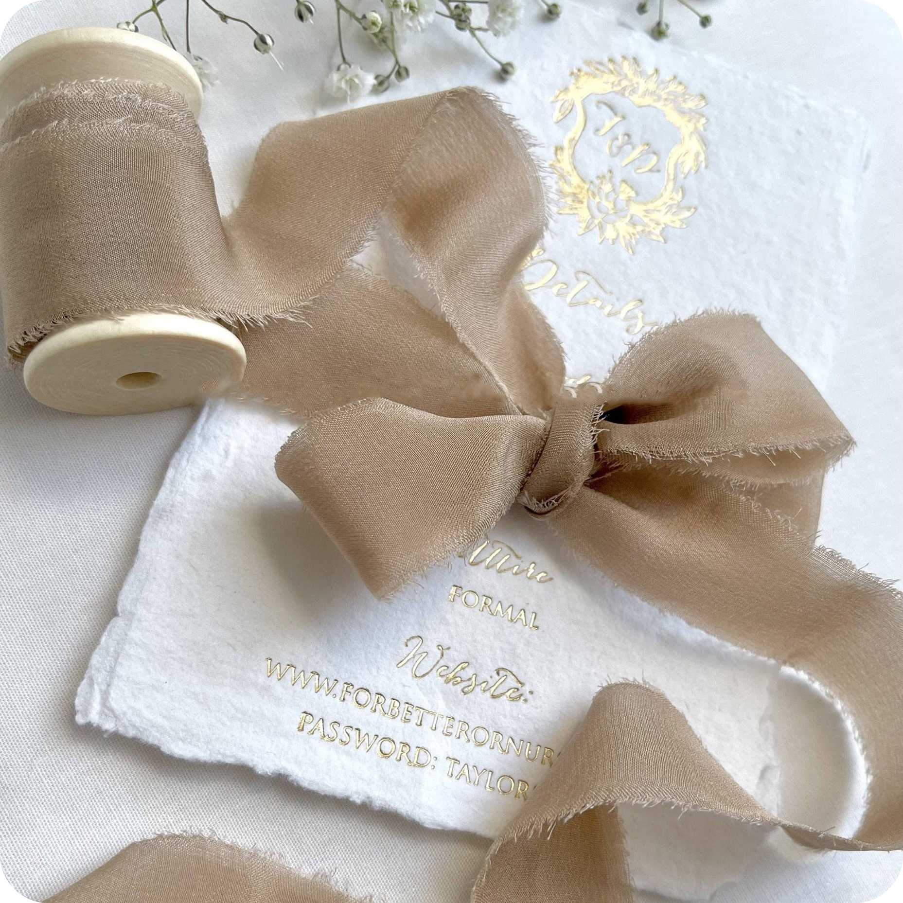 2.5cm, 3cm, 5cm hand-torn white, rough, frayed edges, 100% pure silk ribbon